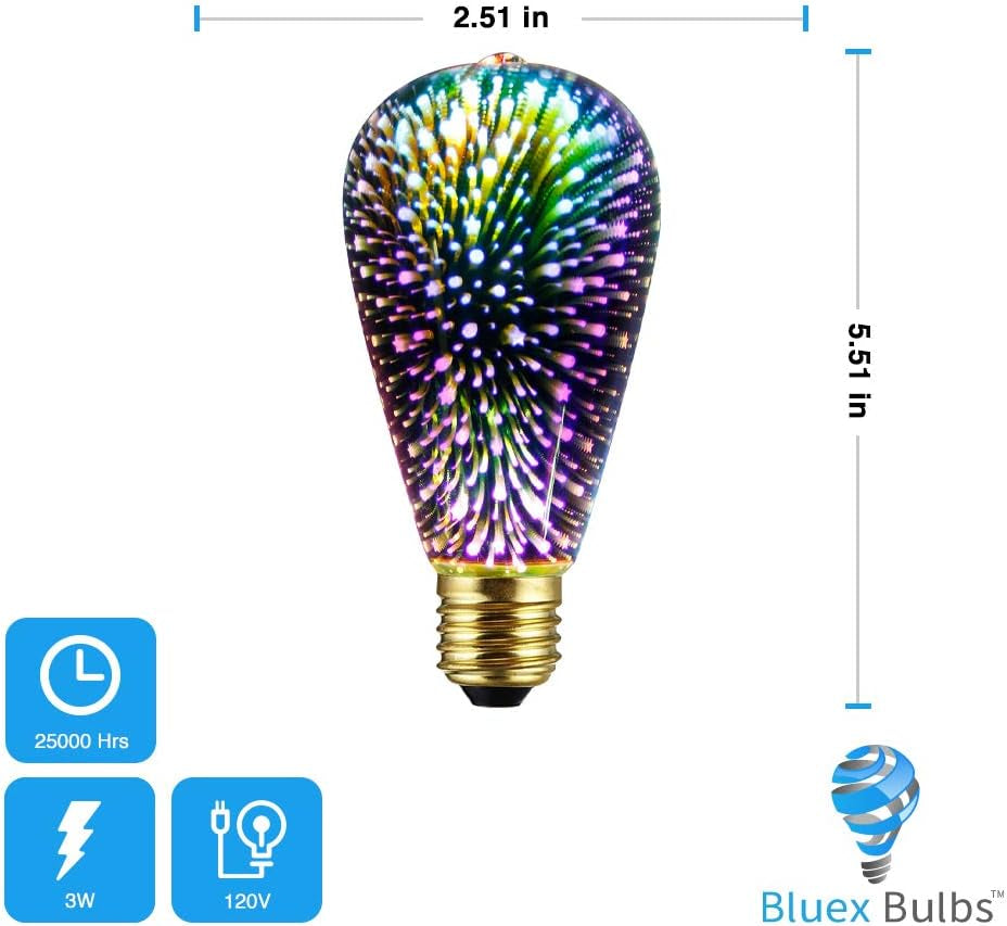 2 Pack Infinity 3D Fireworks Effect ST19 LED Light Bulb - 3W 120V Fairy Multicolor Disco Party Light, Stain Glass Colorful Bulb
